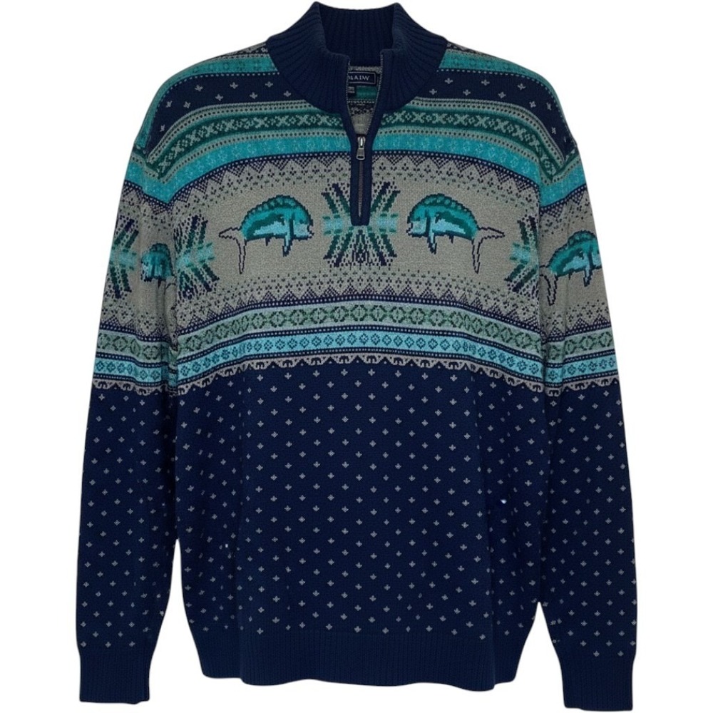 Crown & Ivy Fish Pattern Blue Green 1/4 Zip Knit Sweater Men's XXL